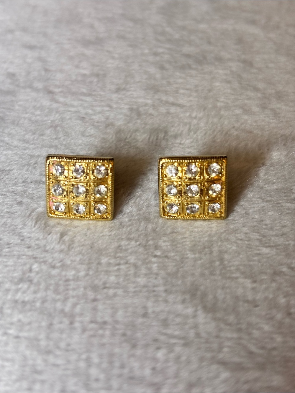 Vintage Signed Trifari Square Clear Rhinestone Gold Tone Pierced Earrings